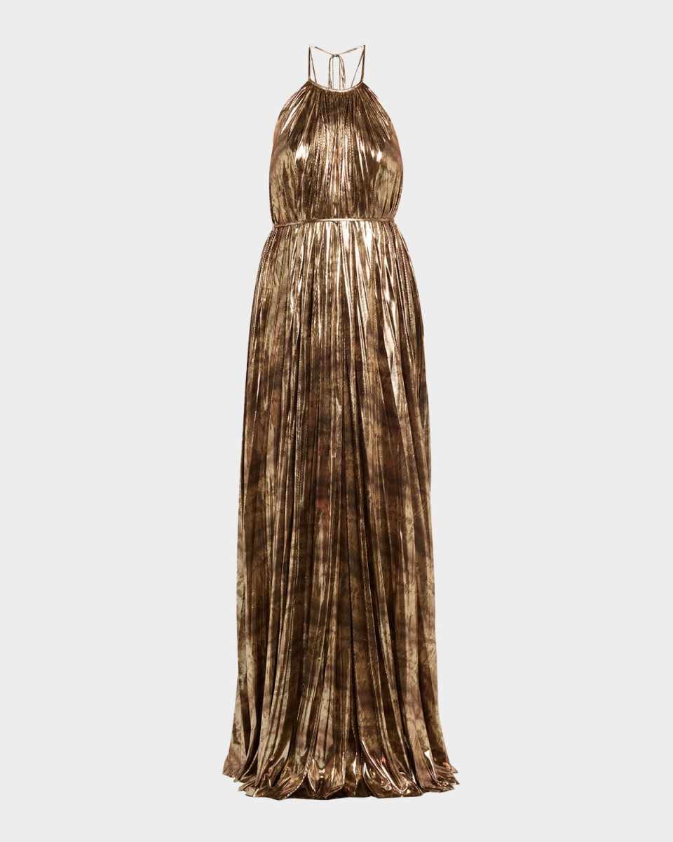 Maxine Pleated Metallic Jersey Halter Gown